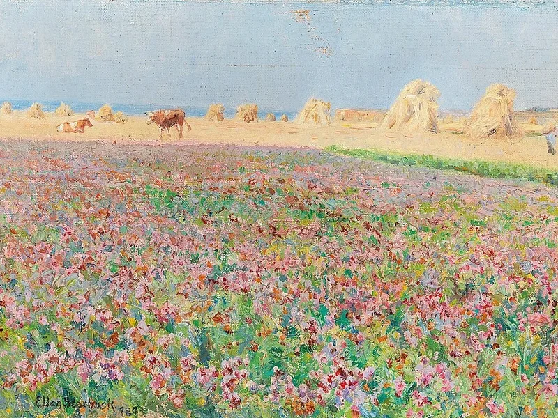 1858-Ellen Starbuck - Paesaggio di prato in fiore con covoni di mais